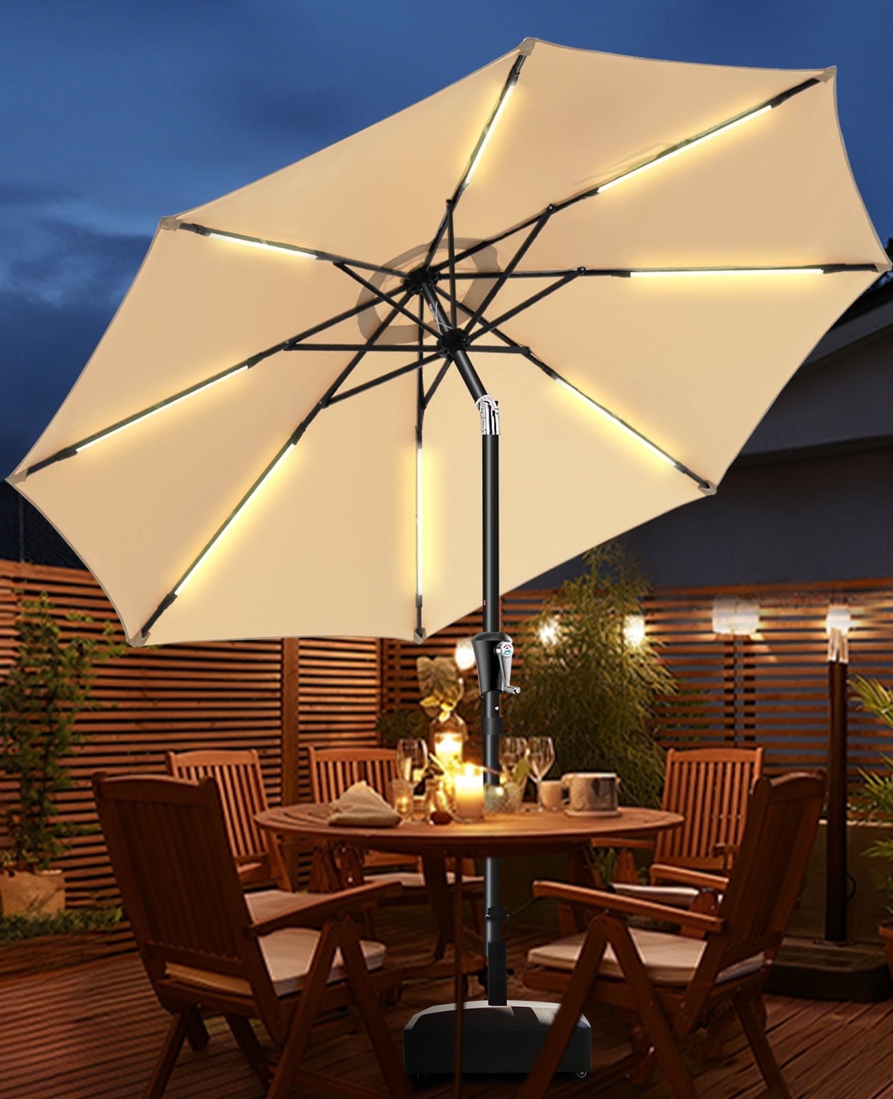 9FT Outdoor Solar LED Lighted Patio Umbrella with 8 LED Strip Lights & 8 Ribs, Convenient Crank Lift System,for Gargen,Yard,Home,Pool