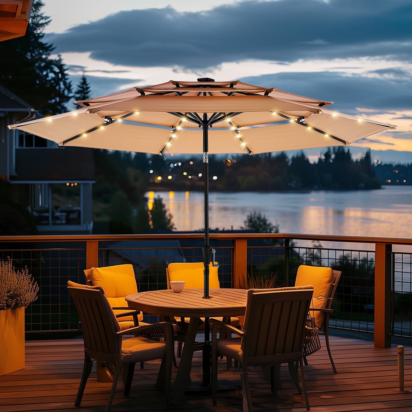 9ft 3-Tier Solar Patio Umbrella,Outdoor Market Sun Shade with 24 LED Lights for Backyard,Deck,Poolside,Tilt Adjustment,Easy Crank,8 Ribs