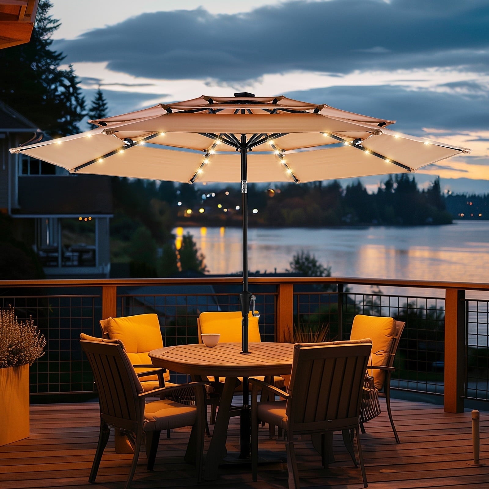 9ft 3-Tier Solar Patio Umbrella,Outdoor Market Sun Shade with 24 LED Lights for Backyard,Deck,Poolside,Tilt Adjustment,Easy Crank,8 Ribs