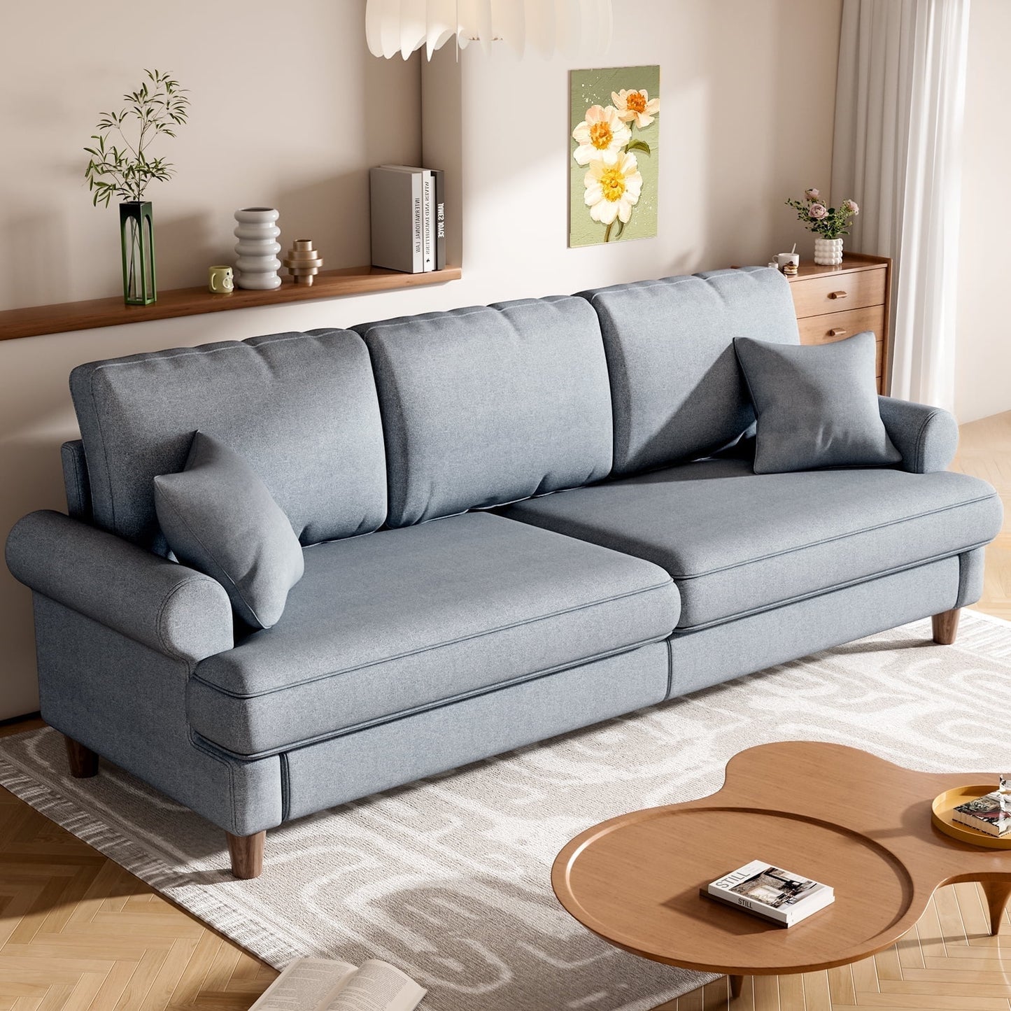 87" Sofa Couch for Living Room,Soft Linen Loveseat with Round Arms,Extra Deep Seat 2-Person Couch with 2 Pillows,Tool-Free Setup Modern Sofa,Blue Grey