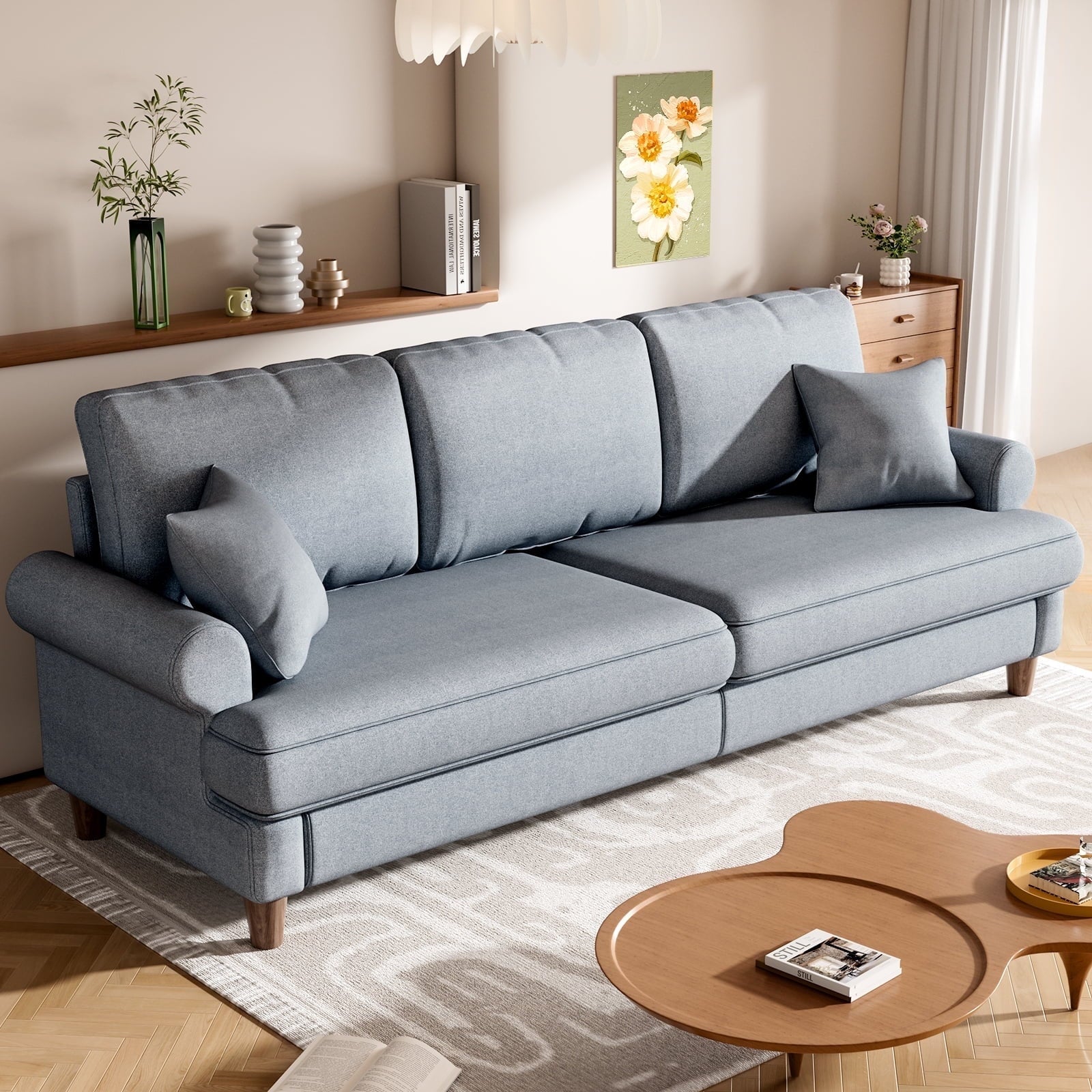 87" Sofa Couch for Living Room,Soft Linen Loveseat with Round Arms,Extra Deep Seat 2-Person Couch with 2 Pillows,Tool-Free Setup Modern Sofa,Blue Grey