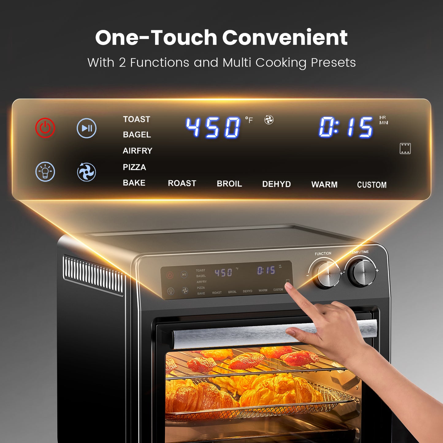 Patbrela Air Fryer 26QT Convection Oven with 10-in-1 Multi Function, Visible Window and Touchscreen, Black