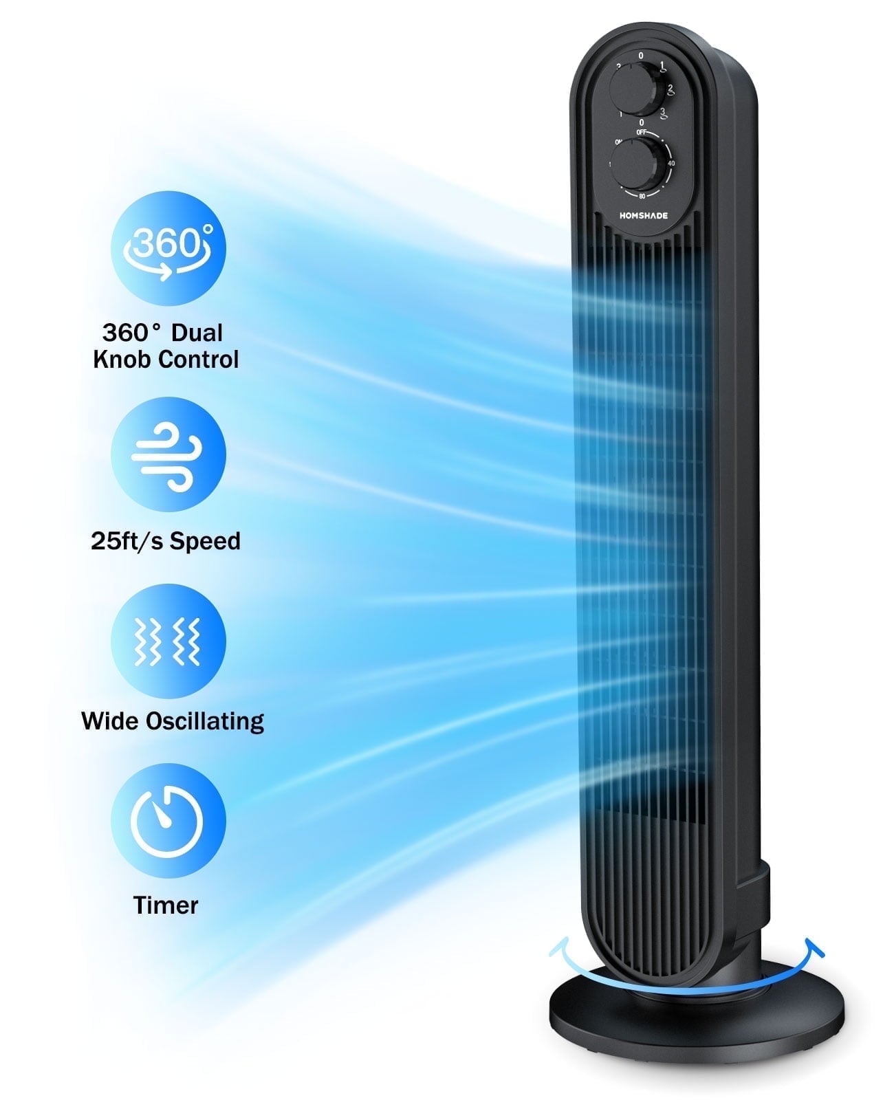 Tower Fan,31" Oscillating Standing Fan for Home,HOMSHADE Floor Fan with 360° Dual Knob Control ,3 Speed,Timer Bladeless Fan for Bedroom Office,Black