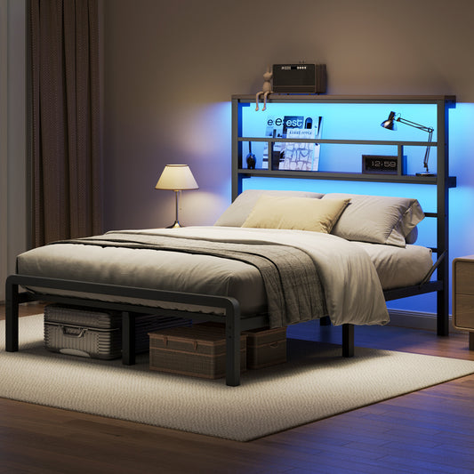 Queen Size Bed Frame with 49.2" High LED Storage Headboard Shelf, Metal Platform Bed,White