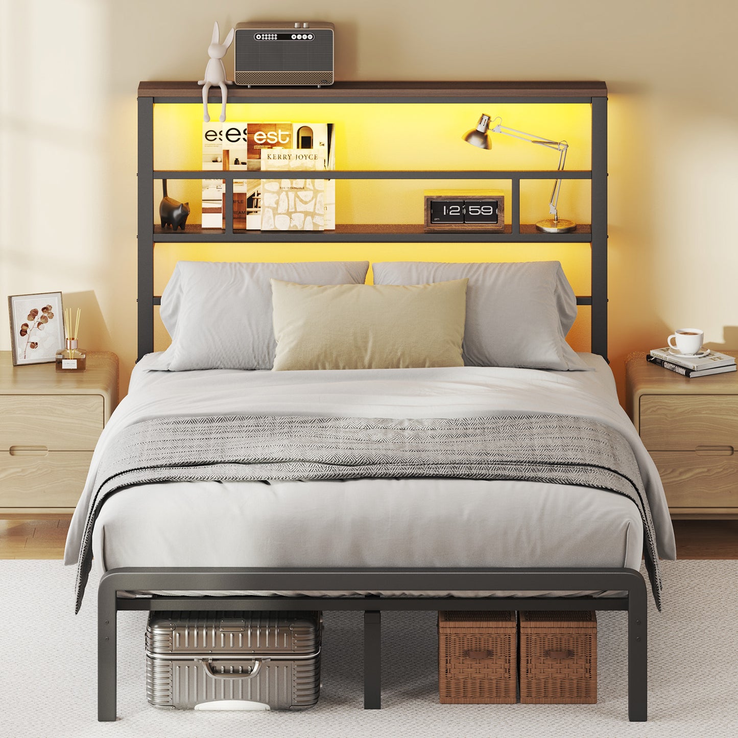 Queen Size Bed Frame with 49.2" High LED Storage Headboard Shelf, Metal Platform Bed,White