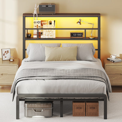 Queen Size Bed Frame with 49.2" High LED Storage Headboard Shelf, Metal Platform Bed,White