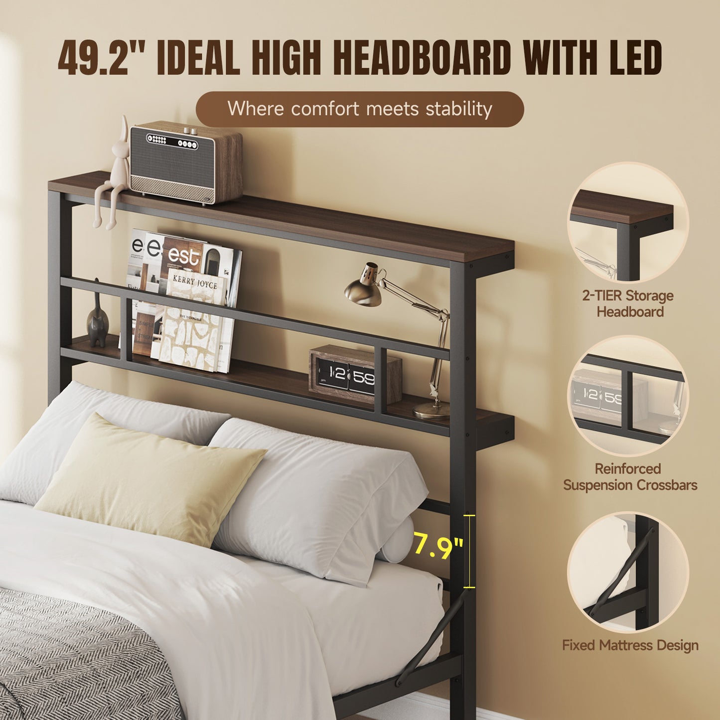 Queen Size Bed Frame with 49.2" High LED Storage Headboard Shelf, Metal Platform Bed,White