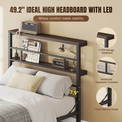 Queen Size Bed Frame with 49.2" High LED Storage Headboard Shelf, Metal Platform Bed,White