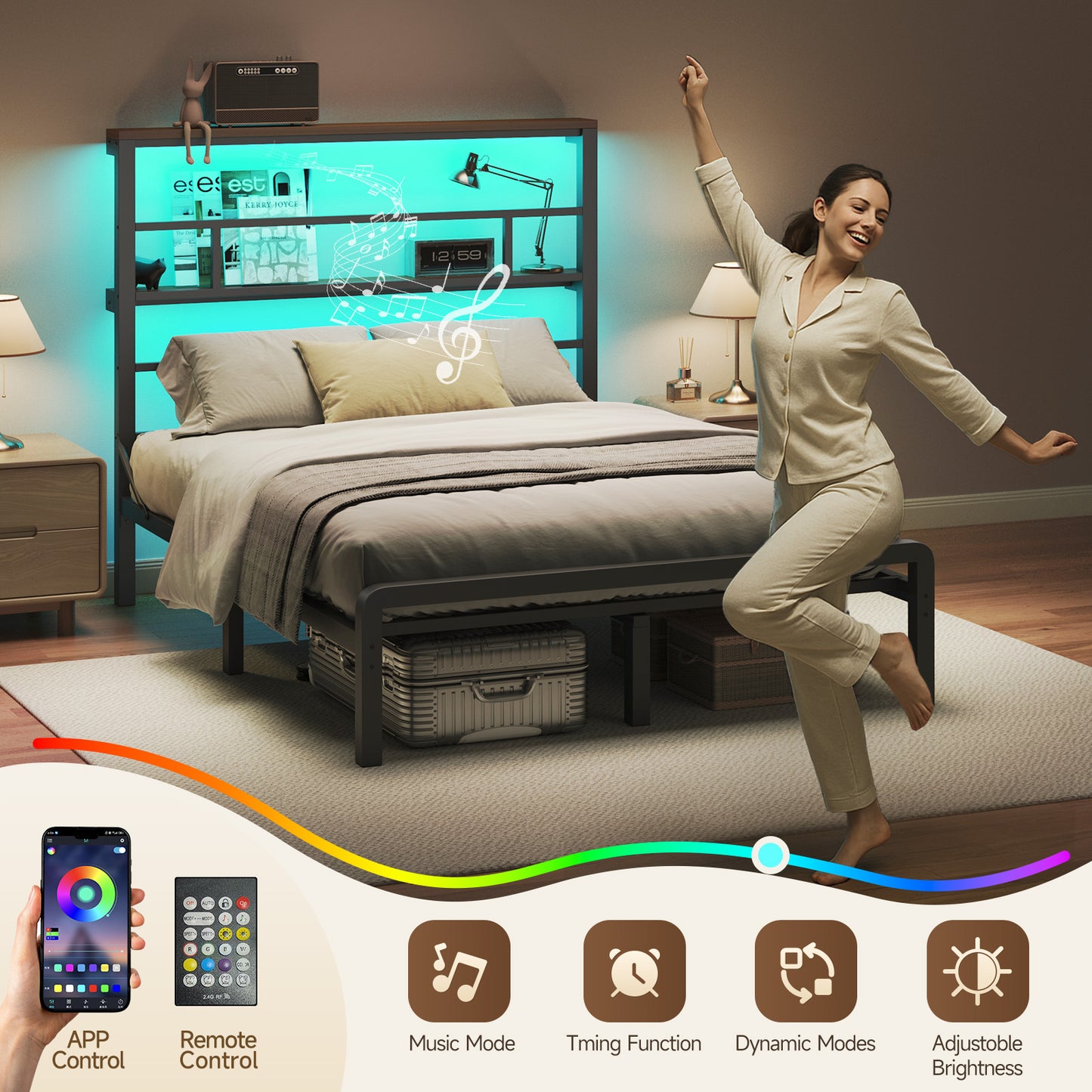 Queen Size Bed Frame with 49.2" High LED Storage Headboard Shelf, Metal Platform Bed,White