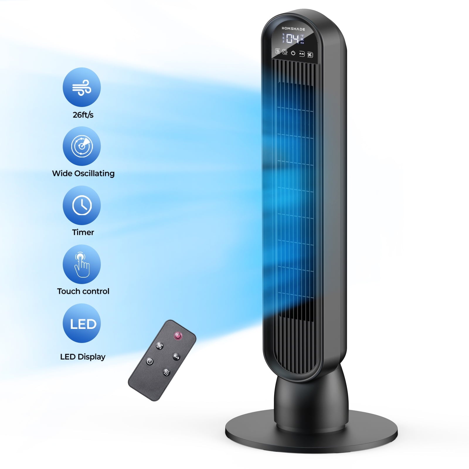 Tower Fan,36" Standing Floor Fan for Bedroom with Remote LED Touchscreen,HOMSHADE Wide Oscillating Fan,Quiet Home Fan,26 ft/s High Velocity,4 Speeds,4 Modes,8H Timer