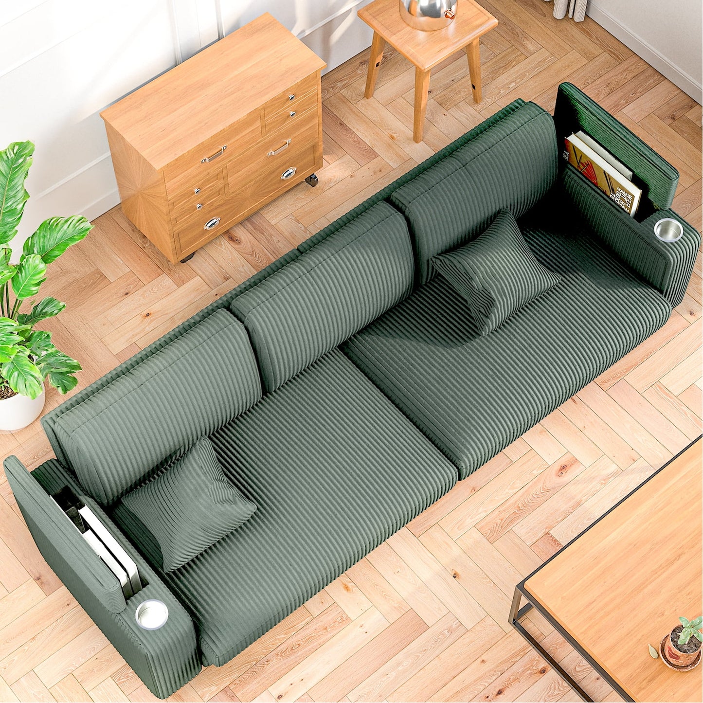 101" Corduroy Sofa,Oversized Couch with Wide Armchair with 3 Extra Deep Seats,Comfy Upholstered Couch with Cup holders and storage，2 pillows,Green