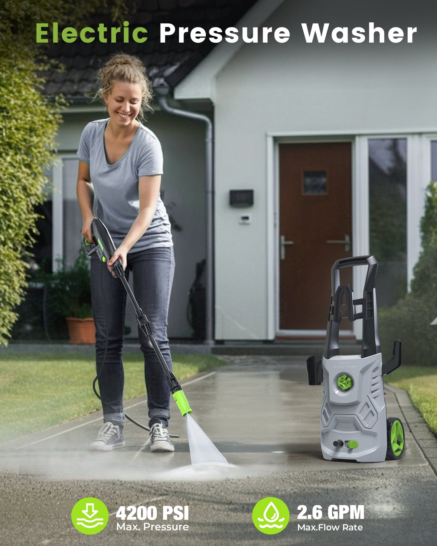 Electric Pressure Washer,3000PSI Max 2.4 GPM Power Washer with 23 ft Hose,Adjustable Angle Nozzle 0-60°,Foam Cannon, Car Washing Gloves,Suitable for Clean Vehicles, Patios,Driveways,Fences,Pool