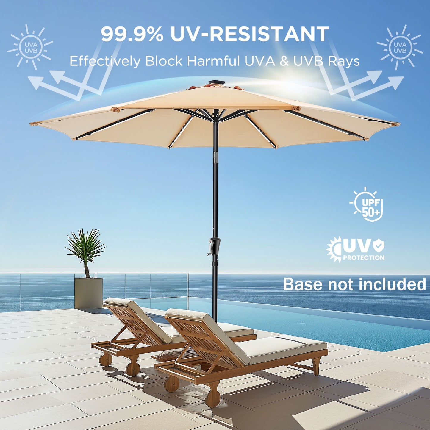 9FT Outdoor Solar LED Lighted Patio Umbrella with 8 LED Strip Lights & 8 Ribs, Convenient Crank Lift System,for Gargen,Yard,Home,Pool