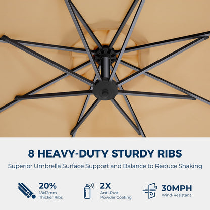 10ft Offset Hanging Market Patio Umbrella with 32 LED Lights and Easy Tilt Adjustment,Polyester Shade,8 Ribs for Backyard,Poolside,Lawn and Garden，Beige