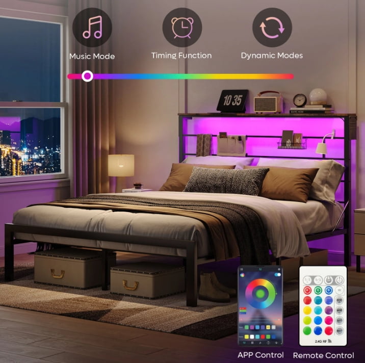 Queen Size Bed Frame with 49.2" High LED Storage Headboard Shelf, Metal Platform Bed, Black