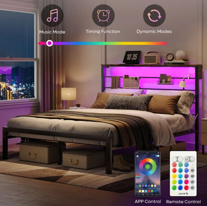 Queen Size Bed Frame with 49.2" High LED Storage Headboard Shelf, Metal Platform Bed, Black