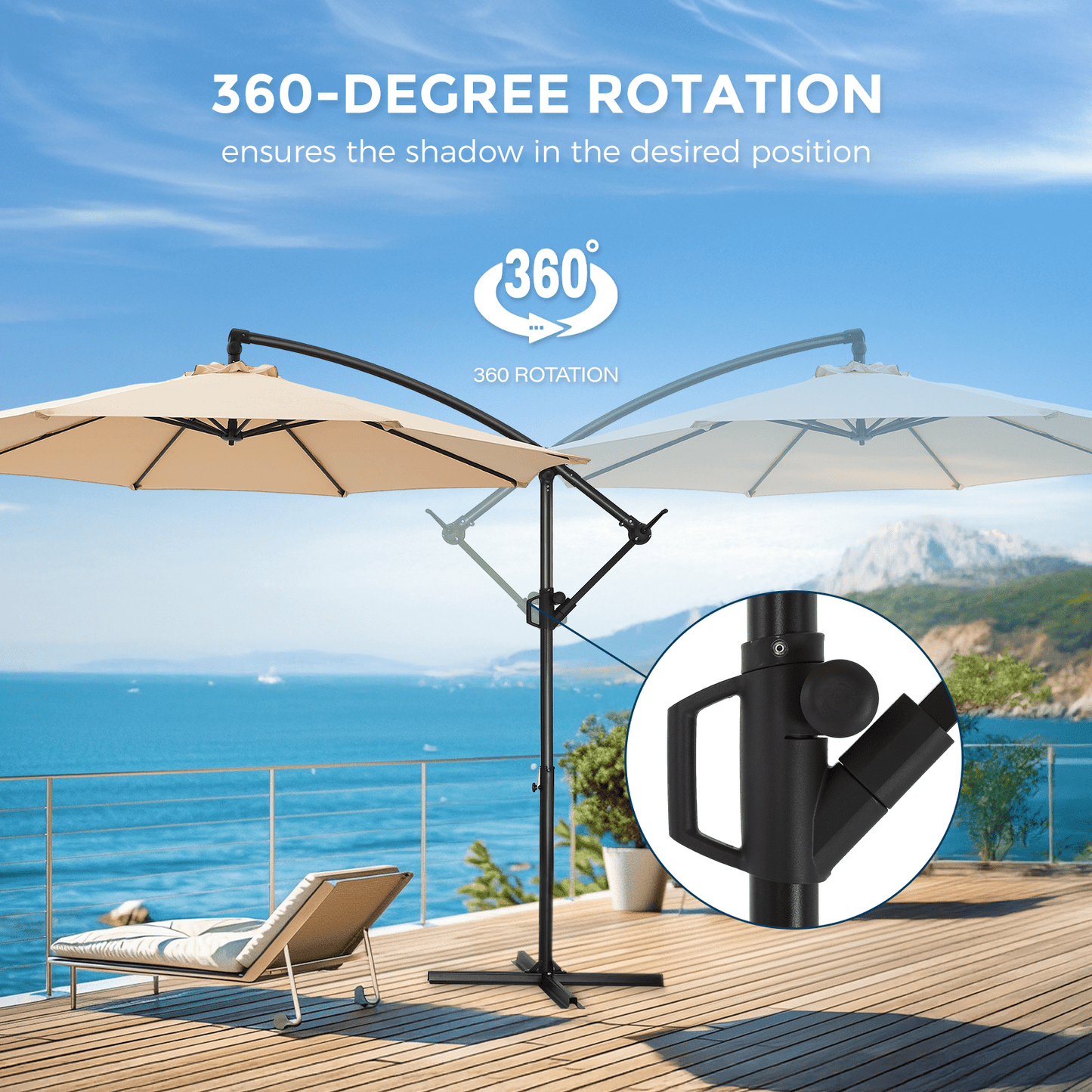 10ft Cantilever Patio Umbrella,360-Degree Rotation Hanging Offset Market Outdoor Sun Shade for Backyard,Deck,Poolside,Easy Tilt,Beige