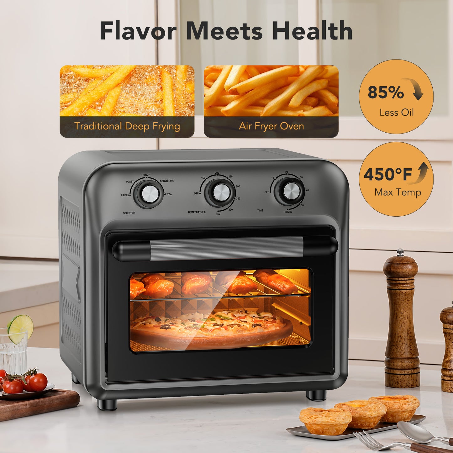 19QT Air Fryer Toaster Oven with Convection, 5-in-1 Countertop Cooker, Visible Window, Oil Free, 1500W, Black