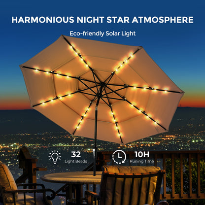 9ft 3-Tier Solar Patio Umbrella,Outdoor Market Sun Shade with 24 LED Lights for Backyard,Deck,Poolside,Tilt Adjustment,Easy Crank,8 Ribs