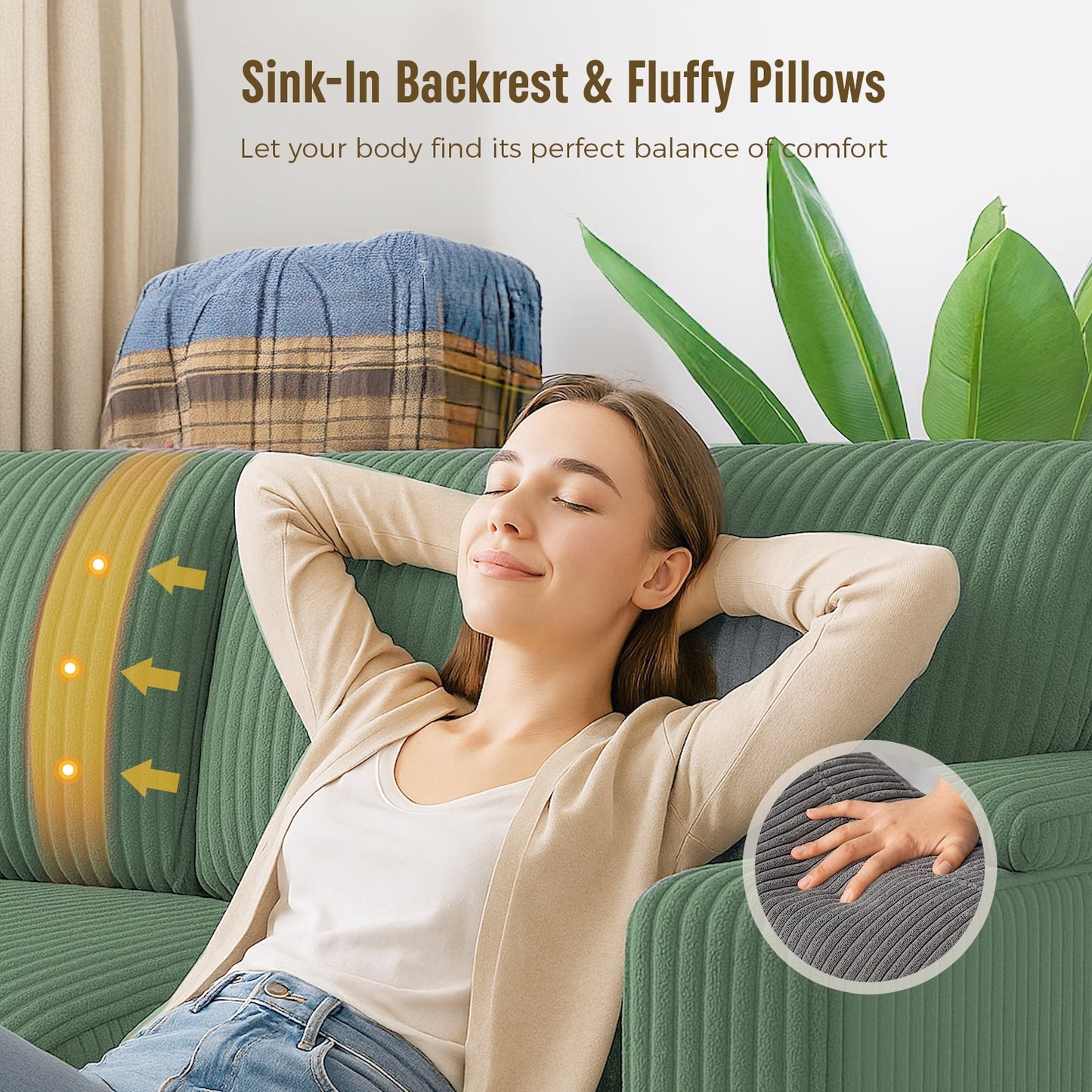 101" Corduroy Sofa,Oversized Couch with Wide Armchair with 3 Extra Deep Seats,Comfy Upholstered Couch with Cup holders and storage，2 pillows,Green