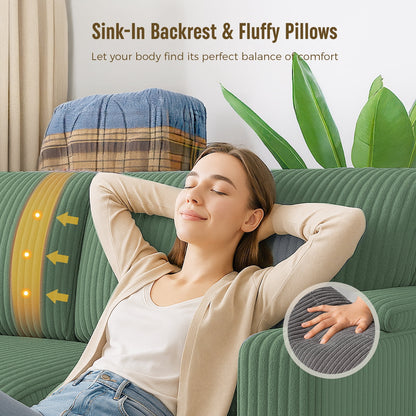 101" Corduroy Sofa,Oversized Couch with Wide Armchair with 3 Extra Deep Seats,Comfy Upholstered Couch with Cup holders and storage，2 pillows,Green