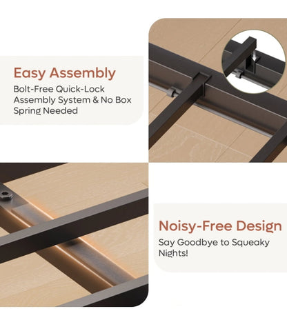 Queen Size Bed Frame with 49.2" High LED Storage Headboard Shelf, Metal Platform Bed, Black